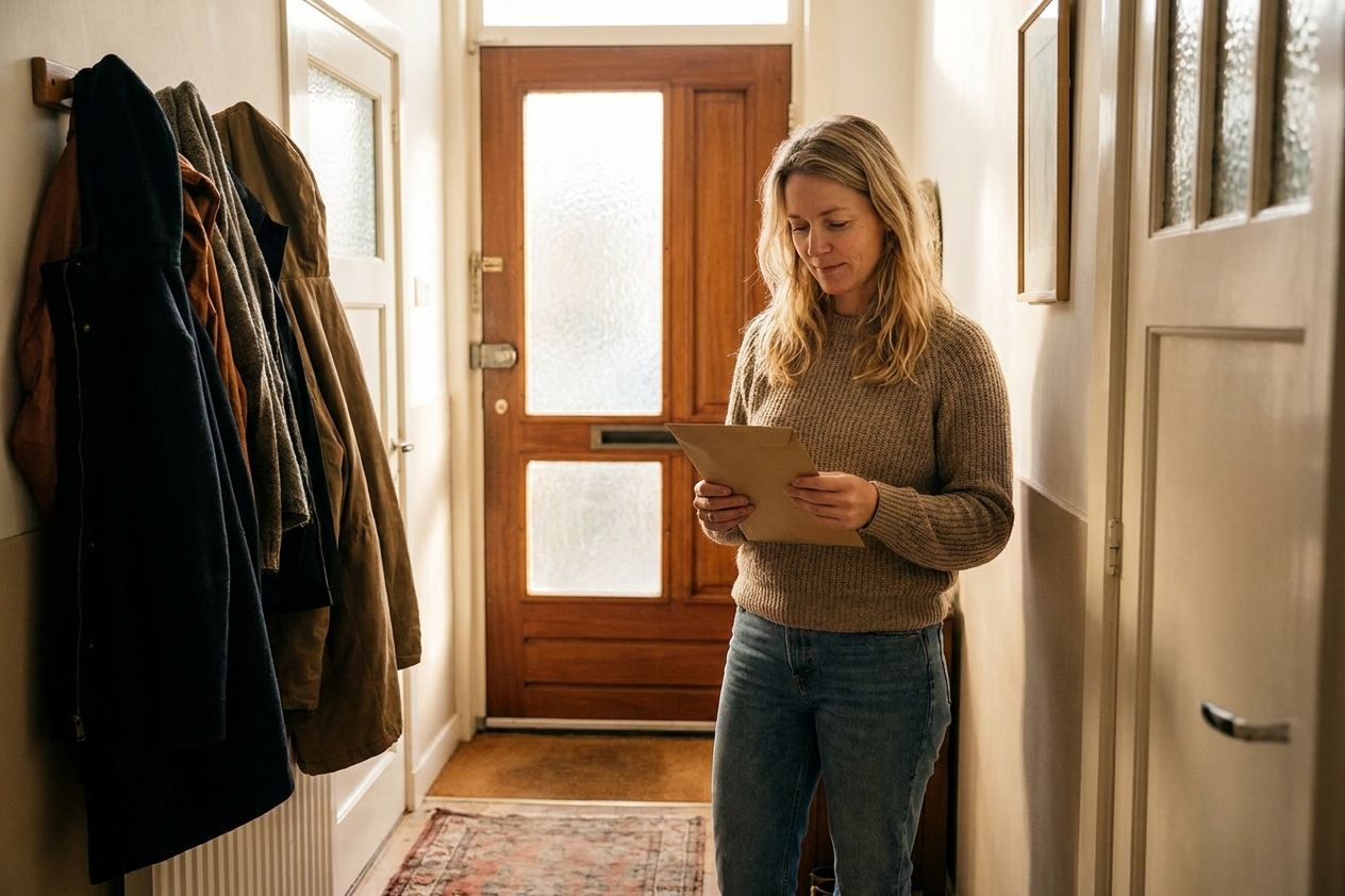 Vrouw pakt in de hal rustig een envelop van de deurmat