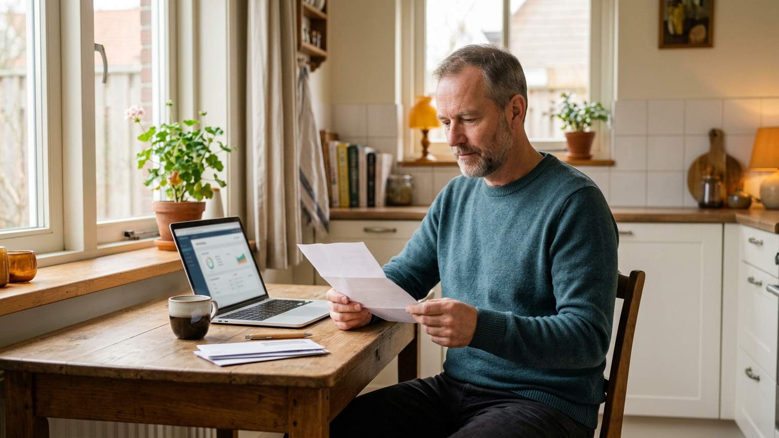 Man aan de keukentafel bekijkt rustig een brief naast zijn open laptop