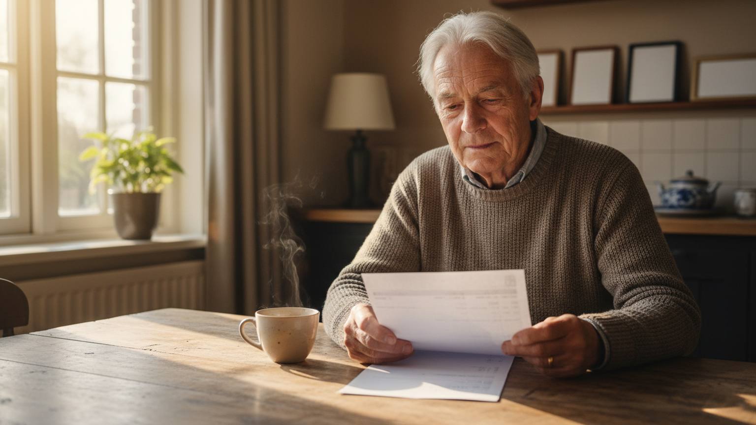 Oudere vrouw bekijkt thuis aan de keukentafel rustig een brief en haar bankafschrift