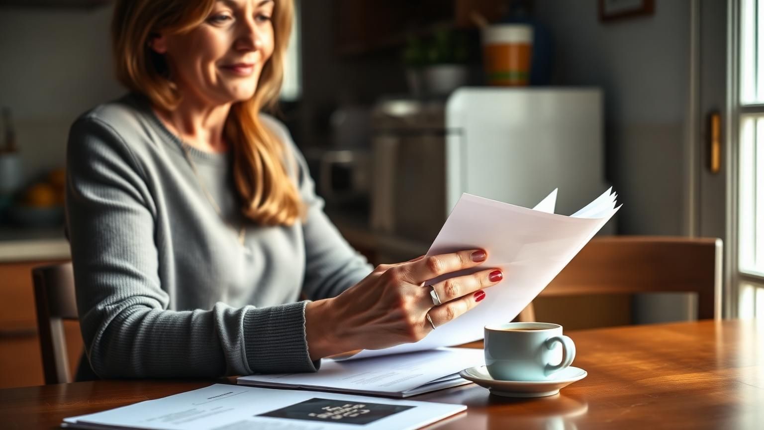 Vrouw bekijkt thuis aan de keukentafel rustig haar post over een beslag