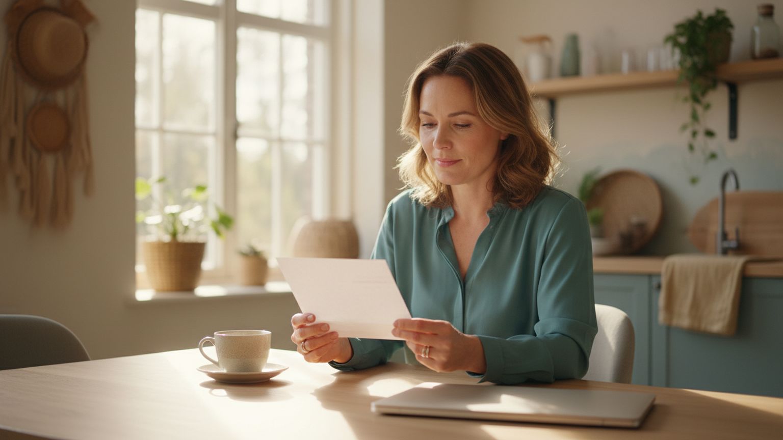 Vrouw bekijkt thuis aan de keukentafel rustig een brief over haar toeslagen