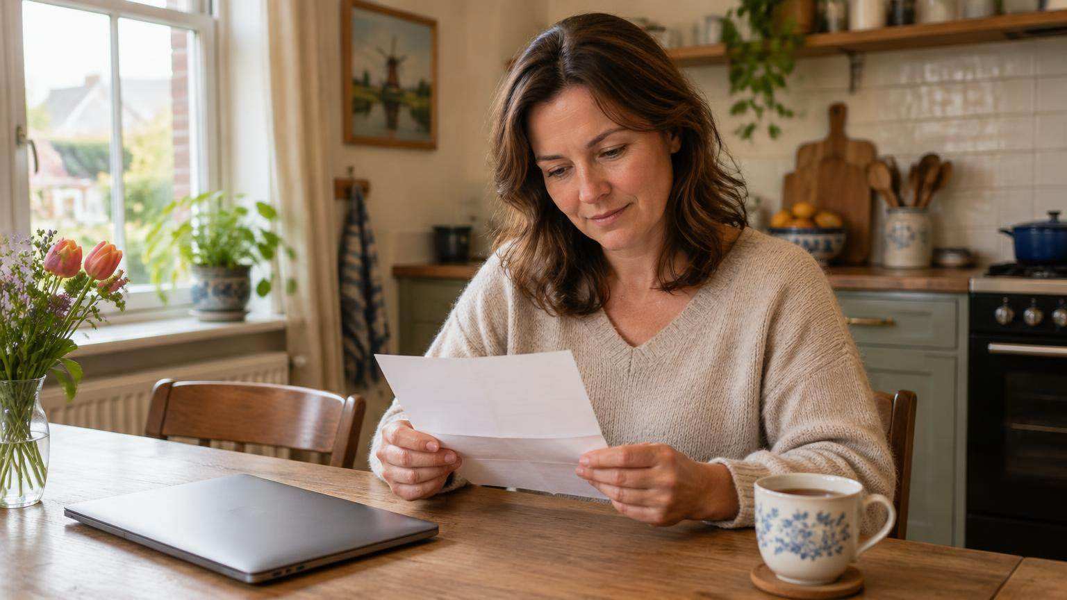 Vrouw aan de keukentafel bekijkt rustig een brief over haar uitkering met een laptop naast zich