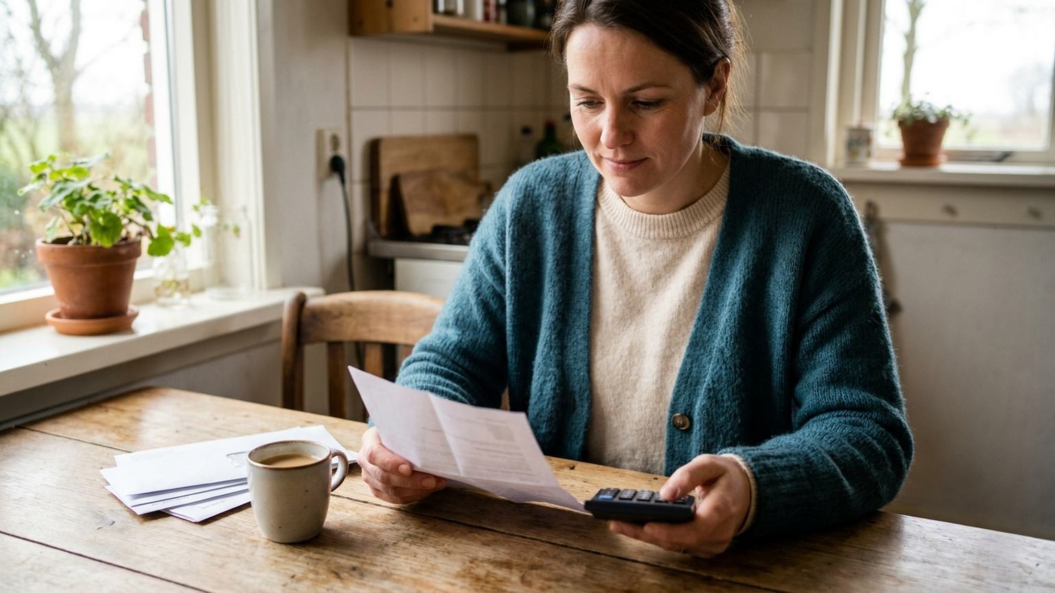 Vrouw bekijkt aan de keukentafel rustig haar bankafschrift met een rekenmachine
