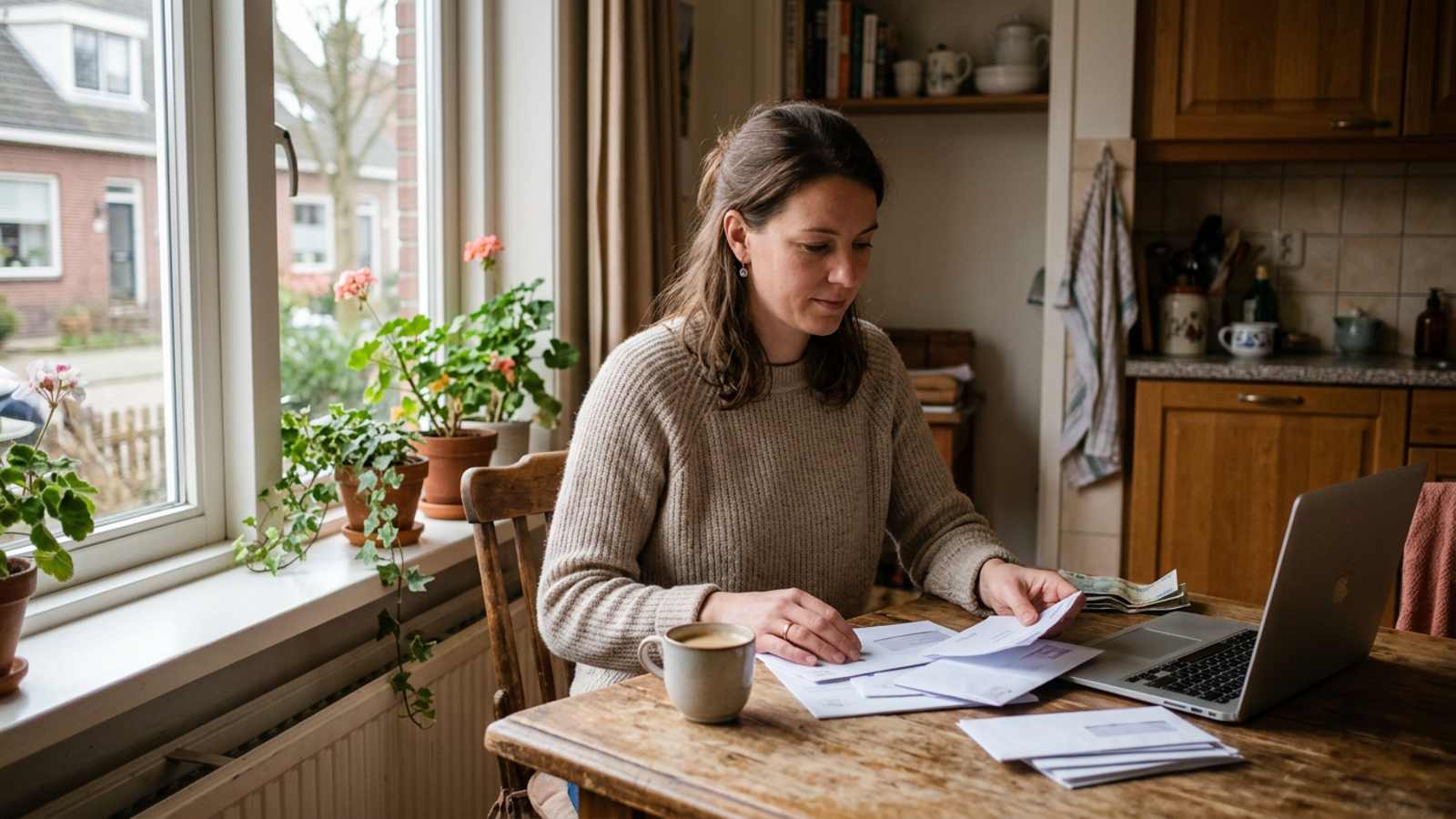 Vrouw aan de keukentafel bekijkt rustig haar post en rekeningen