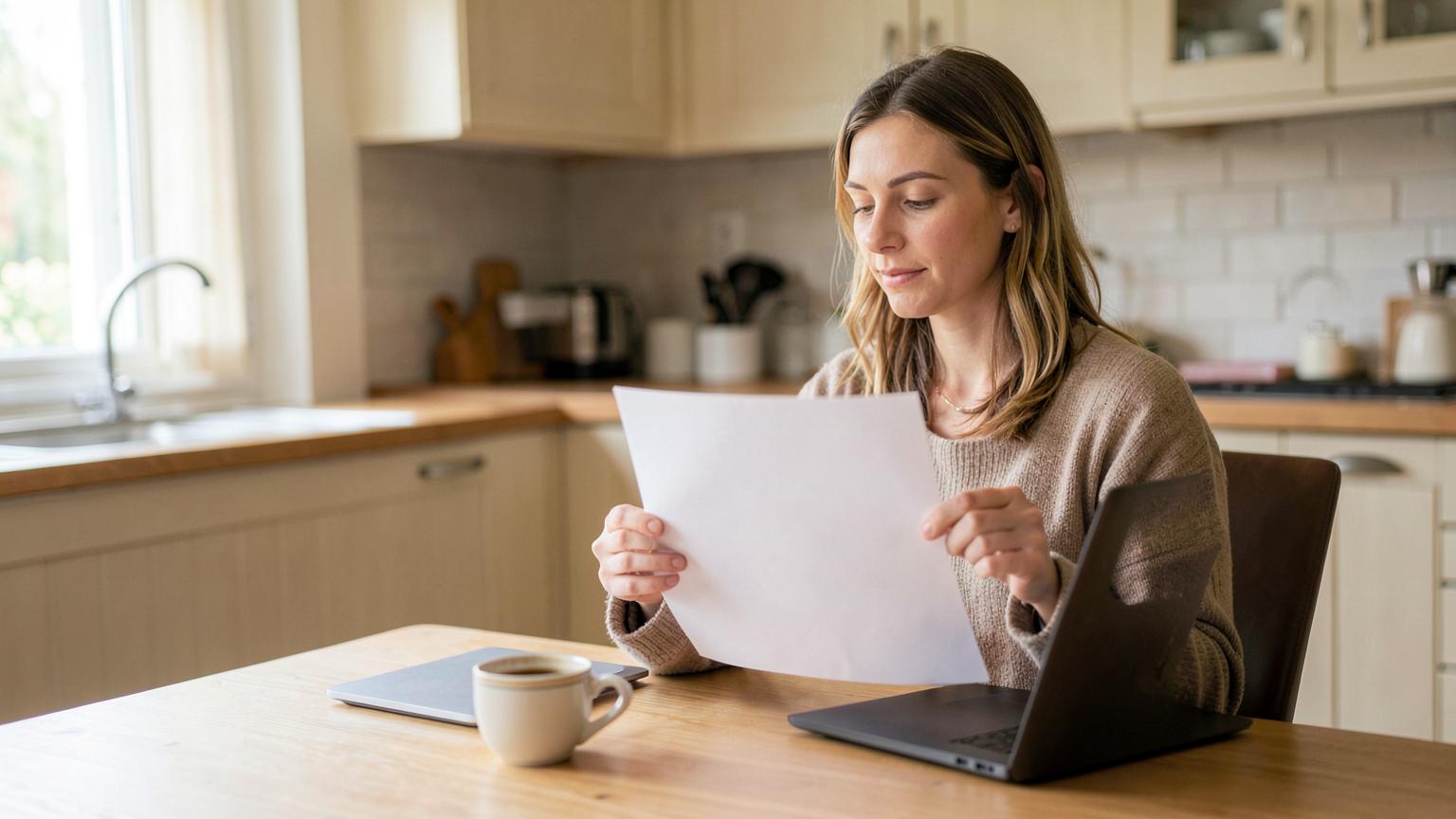 Vrouw bekijkt aan de keukentafel rustig een brief met een betalingsherinnering