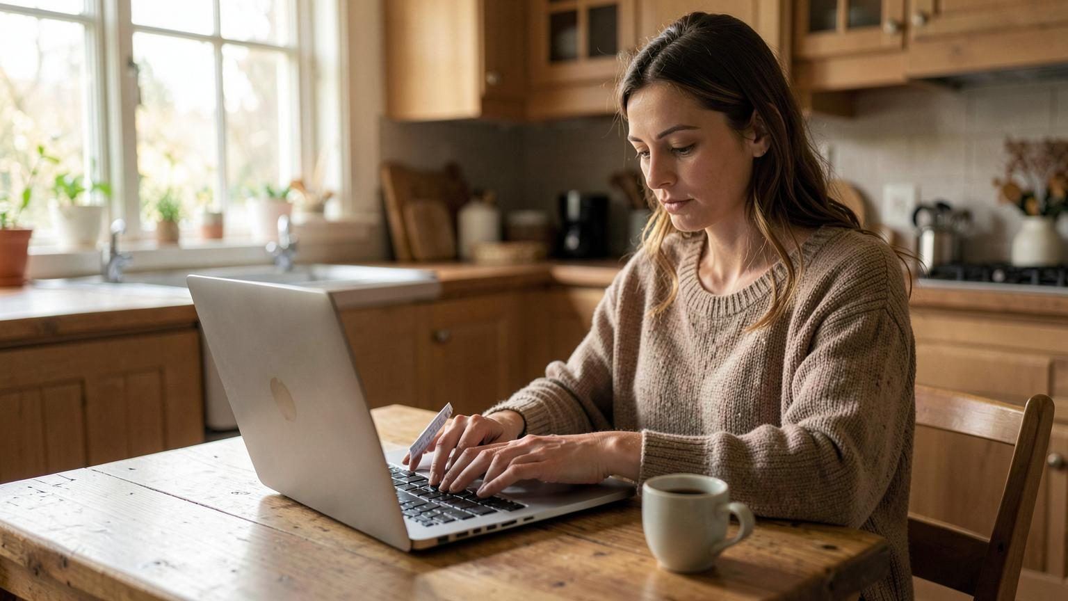 Vrouw bekijkt aan de keukentafel op haar laptop rustig haar belastingpost
