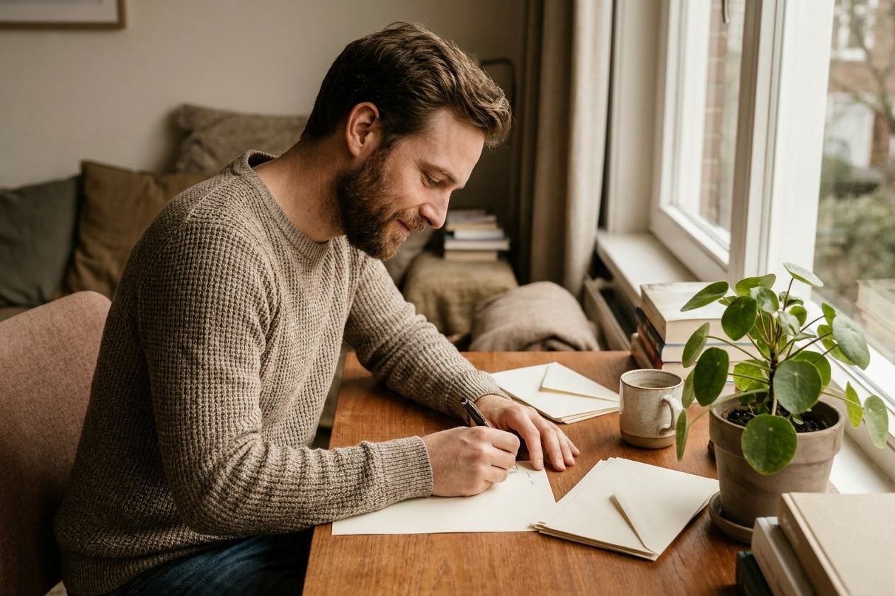 Man schrijft thuis aan zijn bureau een voorstel voor een betalingsregeling
