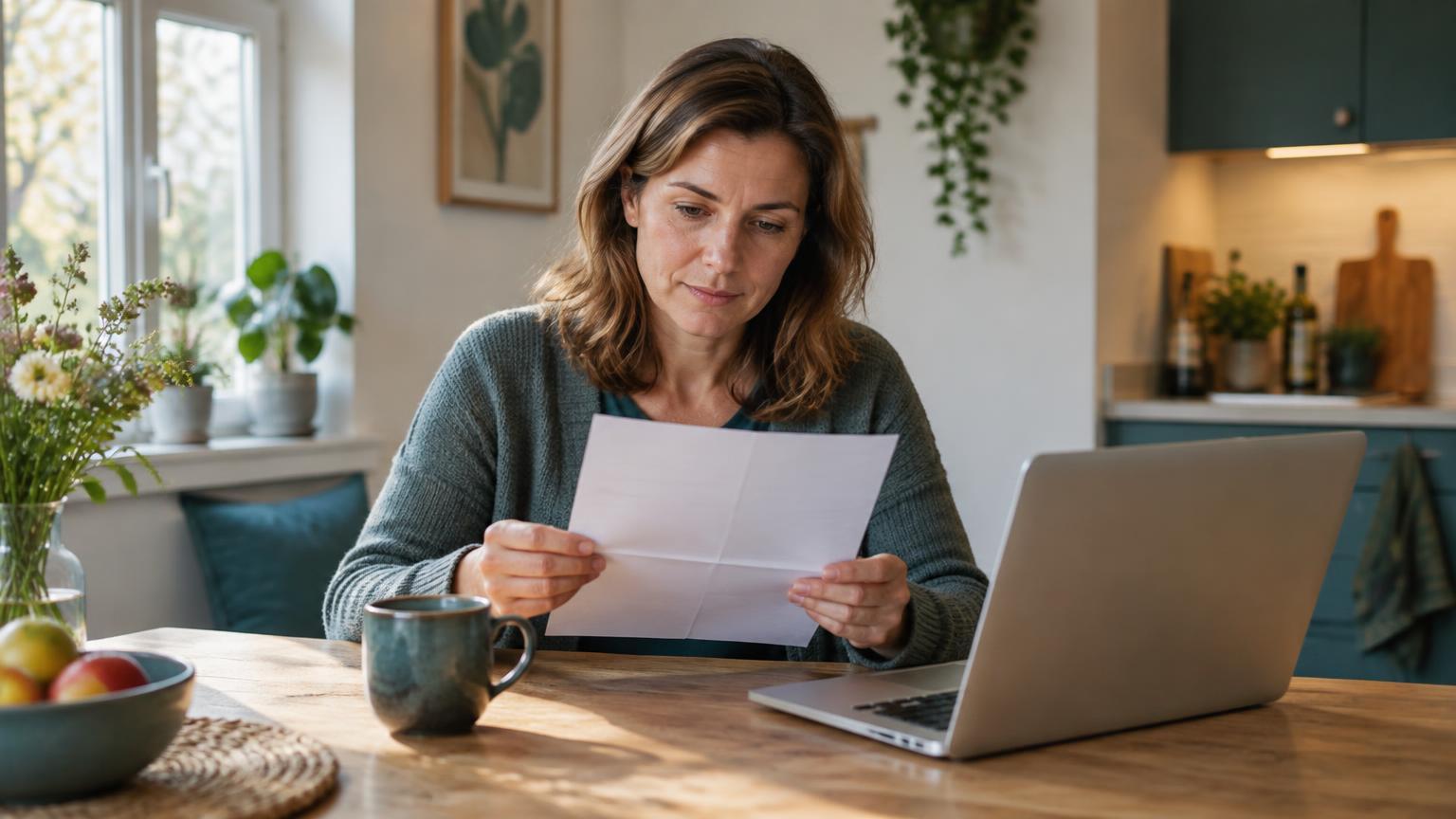 Vrouw bekijkt thuis aan de keukentafel rustig een brief van de gemeente met haar laptop erbij