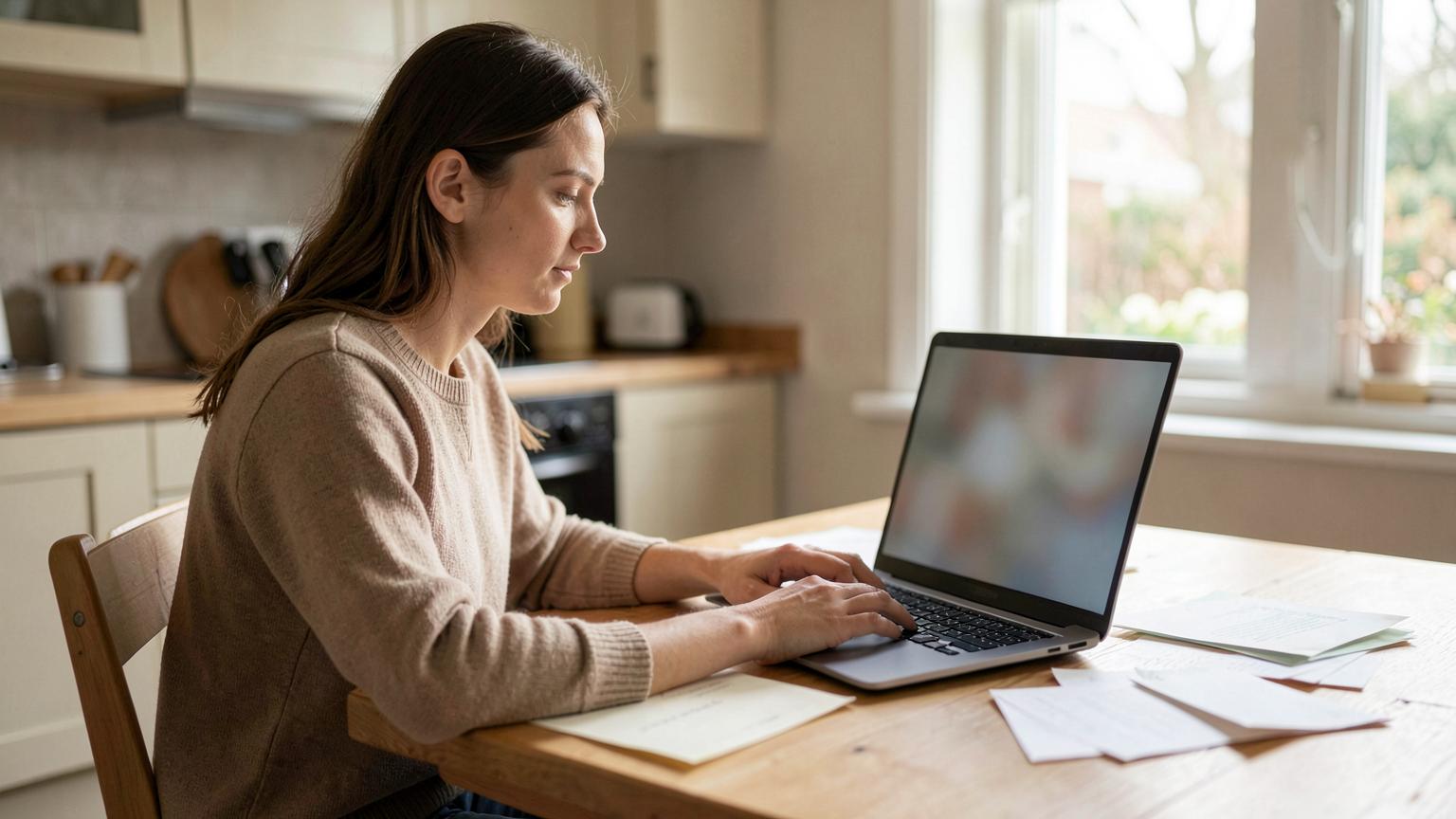 Vrouw bekijkt thuis aan de keukentafel op haar laptop rustig haar kredietoverzicht