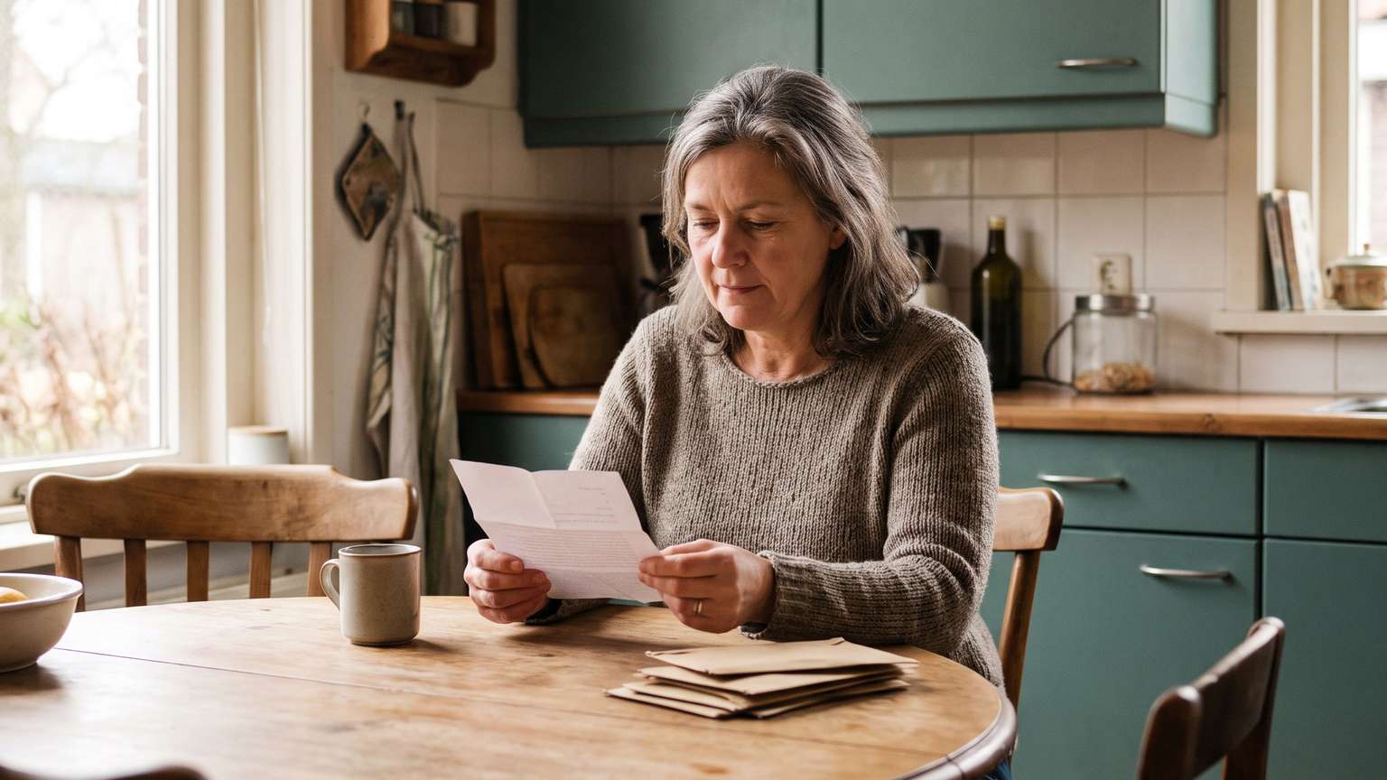 Vrouw leest thuis aan de keukentafel rustig een brief van de rechtbank