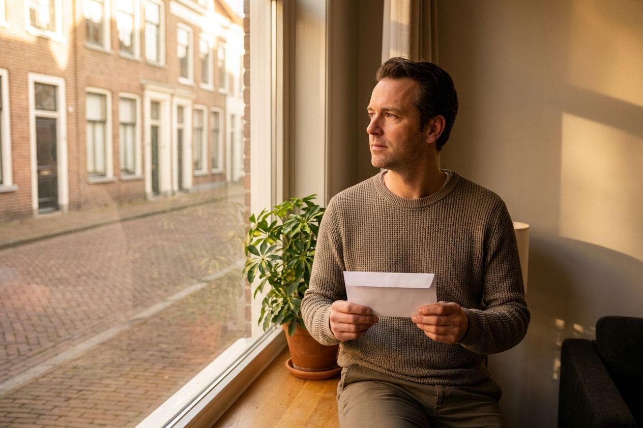 Man staat bij het raam met een envelop van de deurwaarder in zijn hand