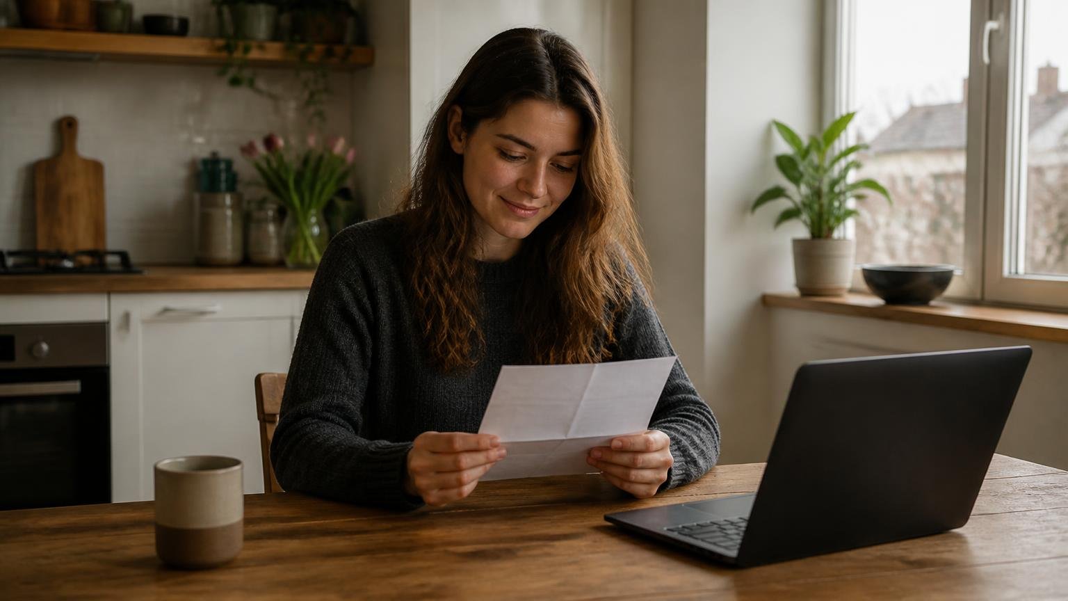 Jonge vrouw bekijkt thuis aan de keukentafel rustig een brief van DUO met haar laptop erbij