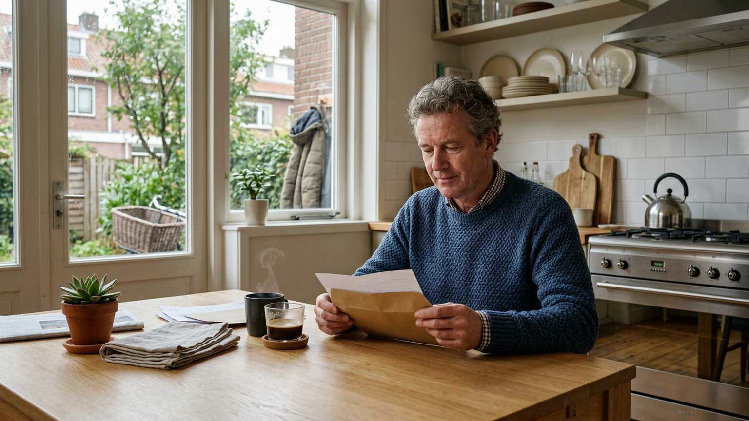 Man bekijkt thuis aan de keukentafel rustig een officiële brief van de overheid