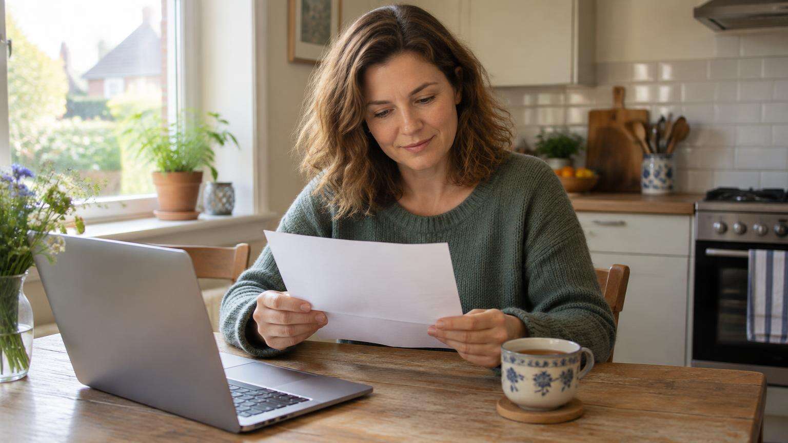 Vrouw aan de keukentafel bekijkt rustig een brief van haar zorgverzekeraar met een laptop naast zich