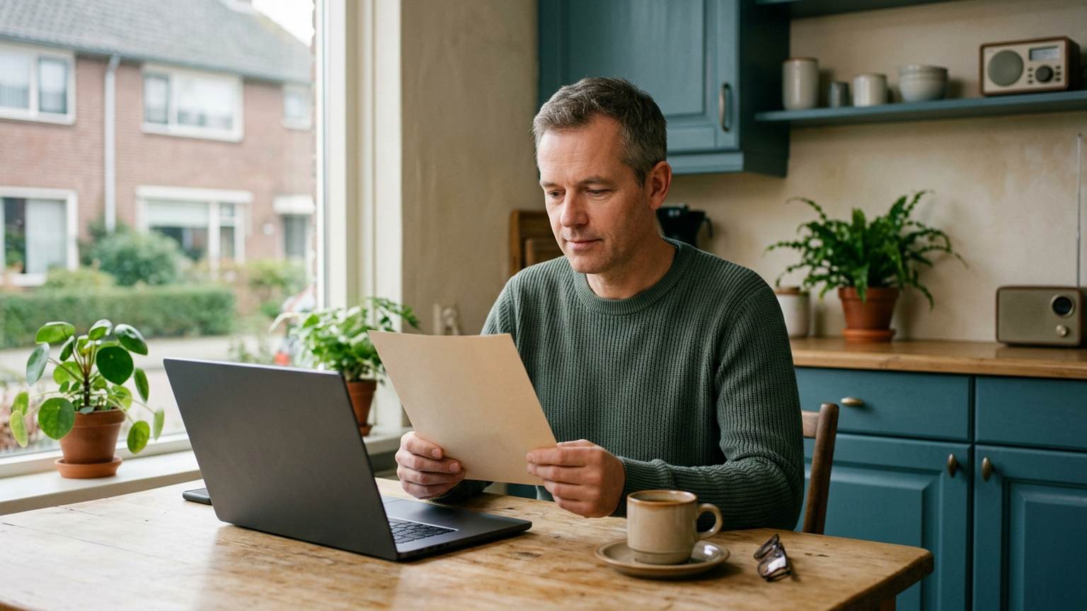 Man aan de keukentafel bekijkt rustig een brief over een openstaande boete met een laptop naast zich