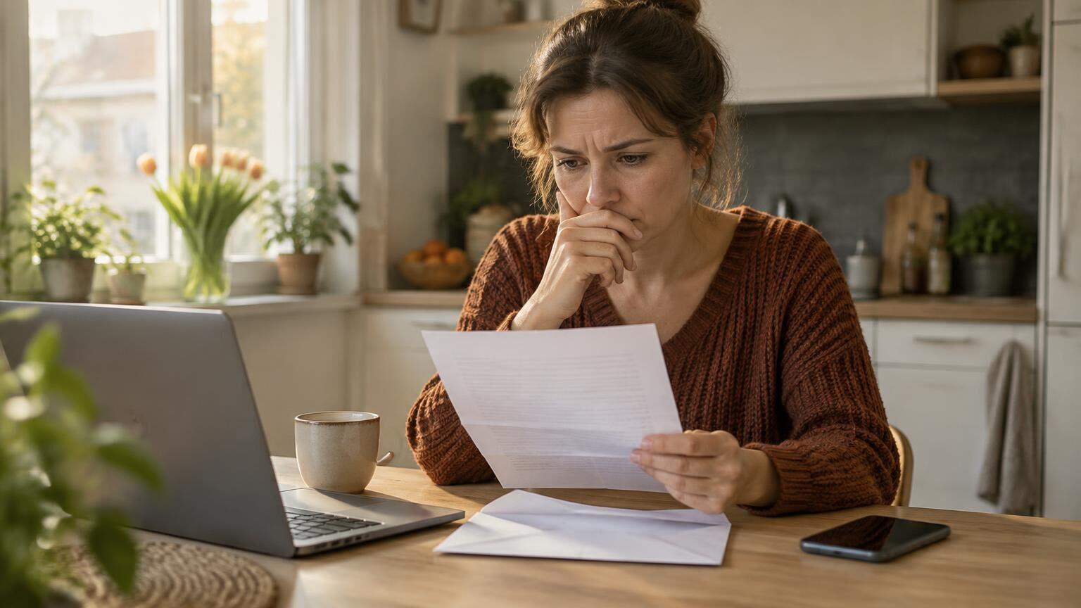 Vrouw bekijkt thuis aan de keukentafel rustig een brief van een incassobureau