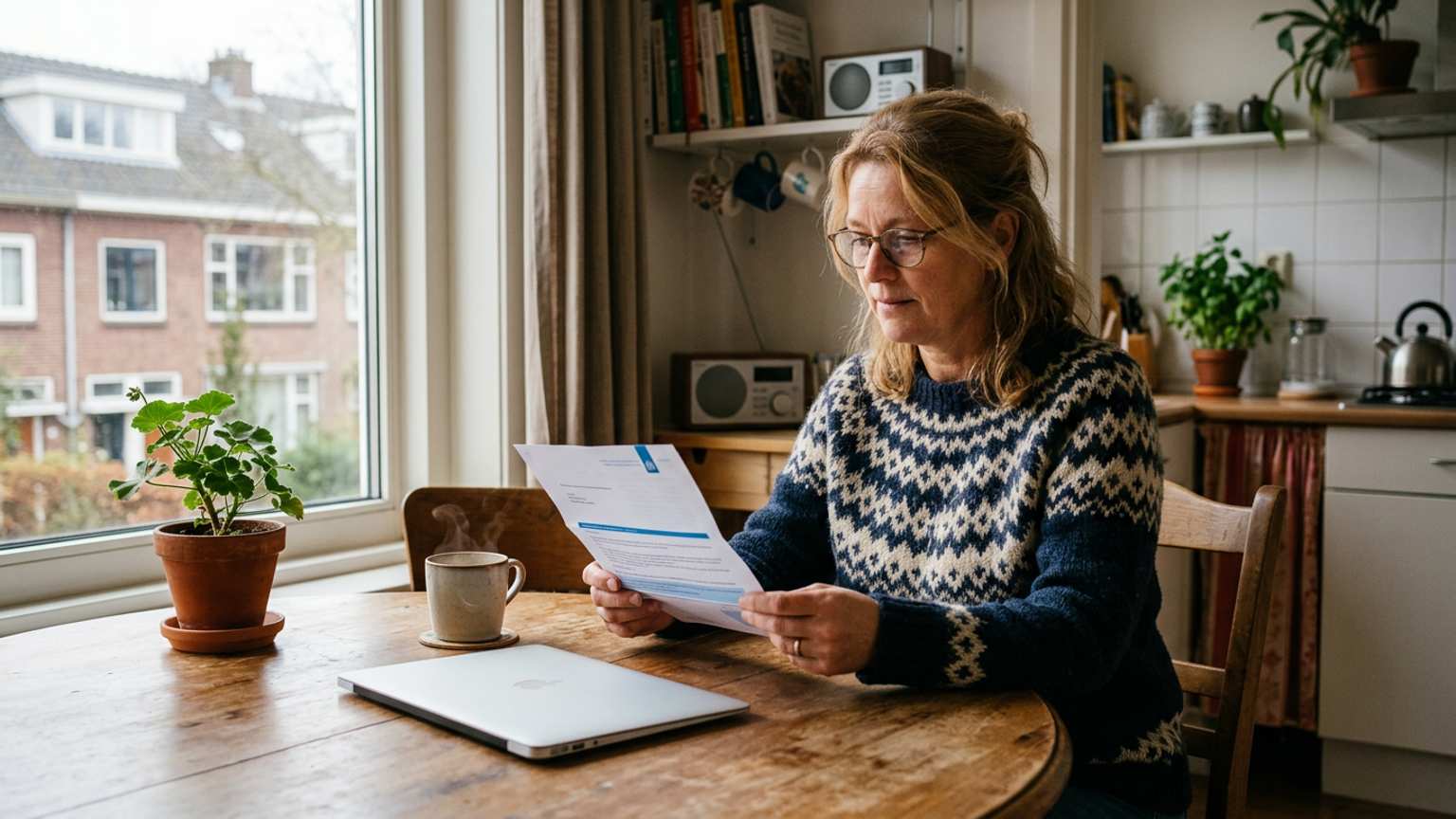 Vrouw bekijkt aan de keukentafel rustig de aanslag van de gemeente met haar laptop erbij