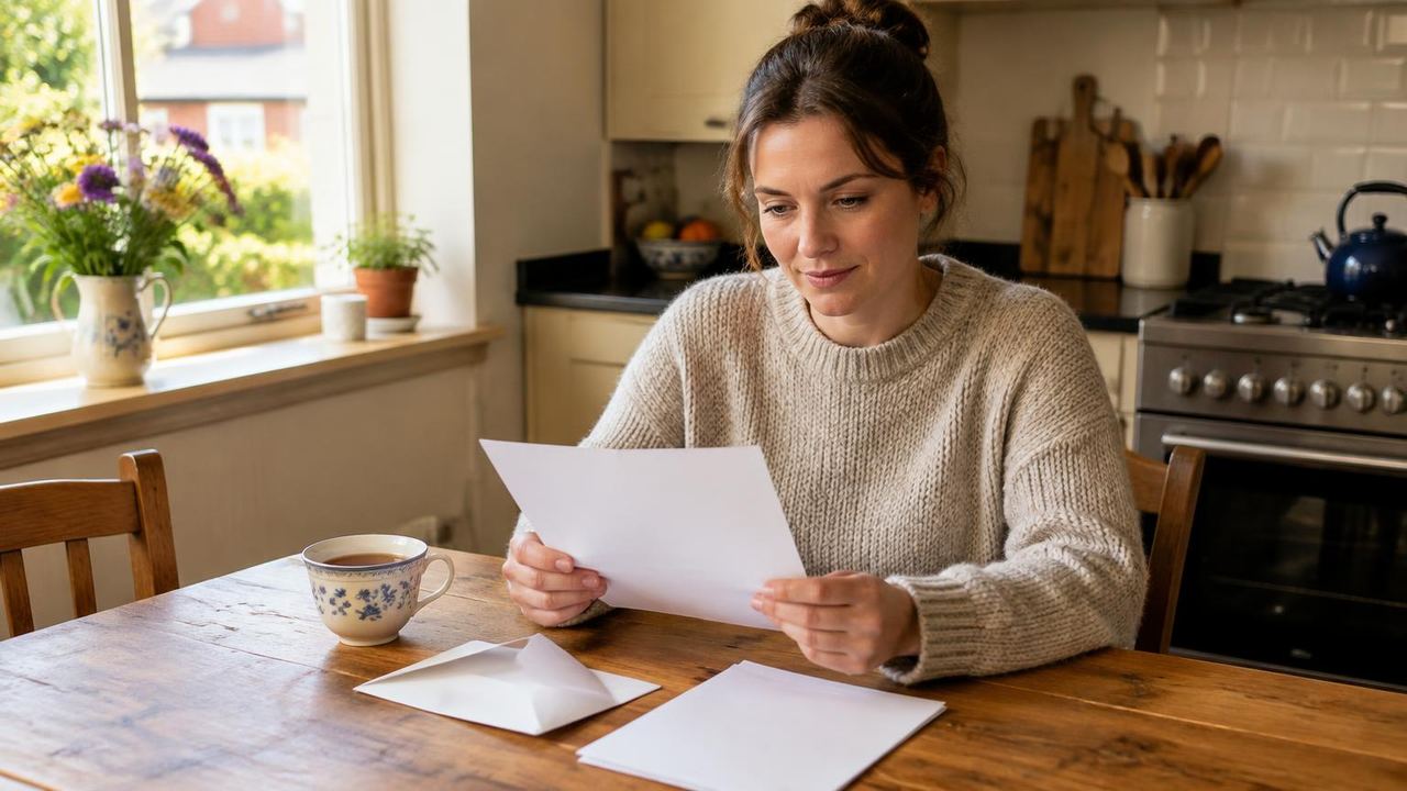Iemand leest aan de keukentafel een aanslag waterschapsbelasting
