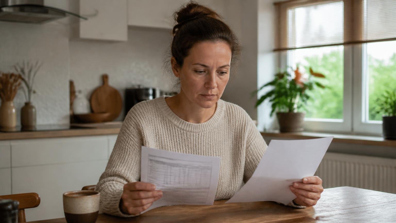 Vrouw bekijkt aan de keukentafel rustig haar loonstrook en een brief