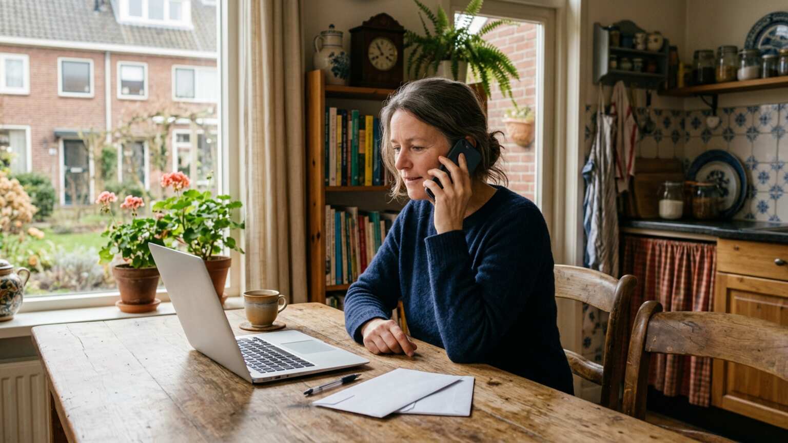 Vrouw aan de keukentafel belt met haar laptop open rustig met de gemeente over schuldhulp