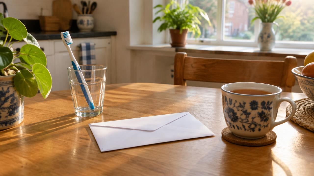 Envelop met rekening en tandenborstel op de keukentafel