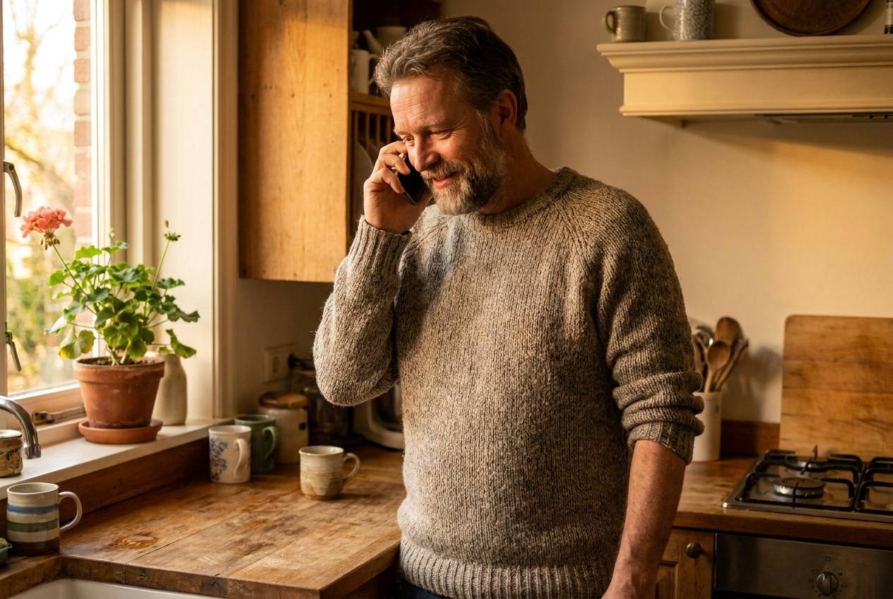 Man belt opgelucht in zijn keuken na een telefonisch intakegesprek