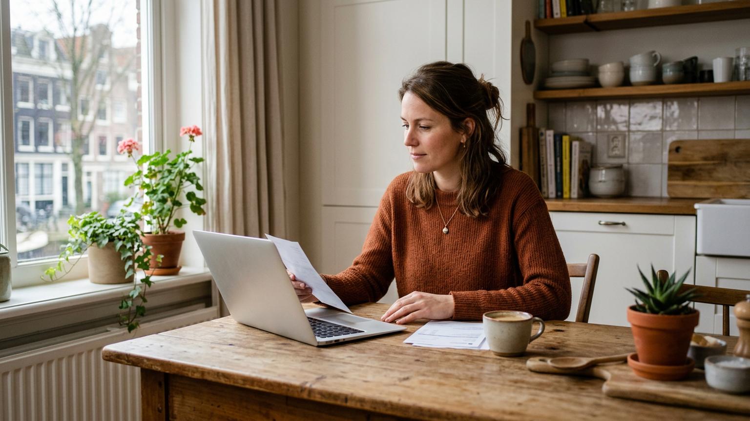 Vrouw bekijkt thuis aan de keukentafel rustig haar vaste lasten op papier en laptop