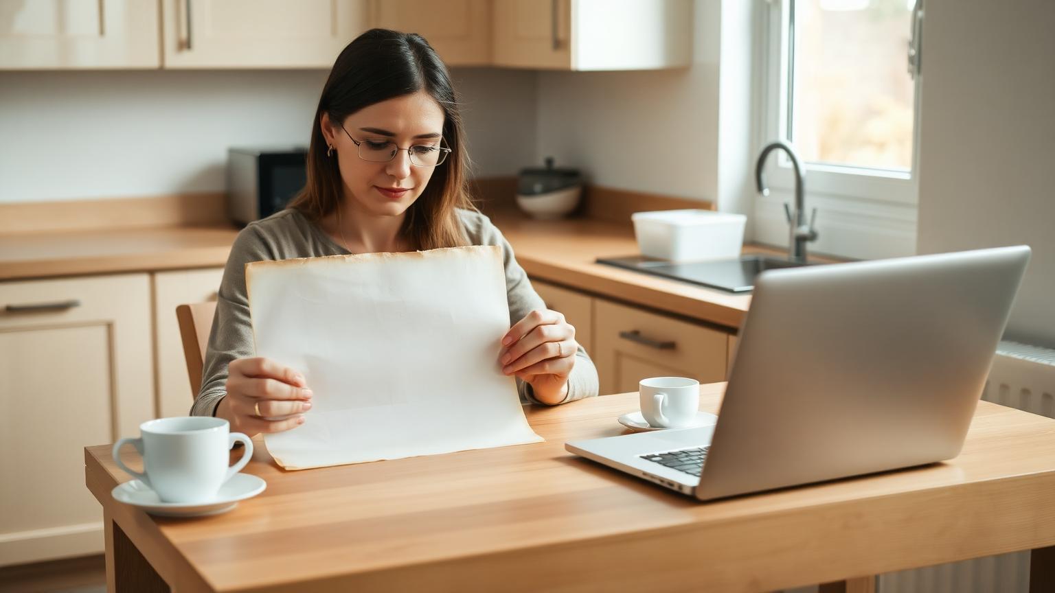 Vrouw bekijkt aan de keukentafel rustig een oude brief bij haar laptop