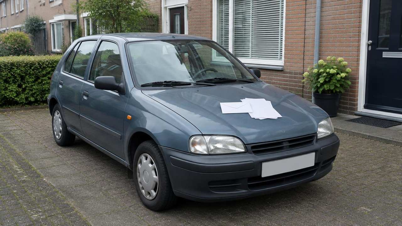 Auto op een oprit met een envelop op de motorkap